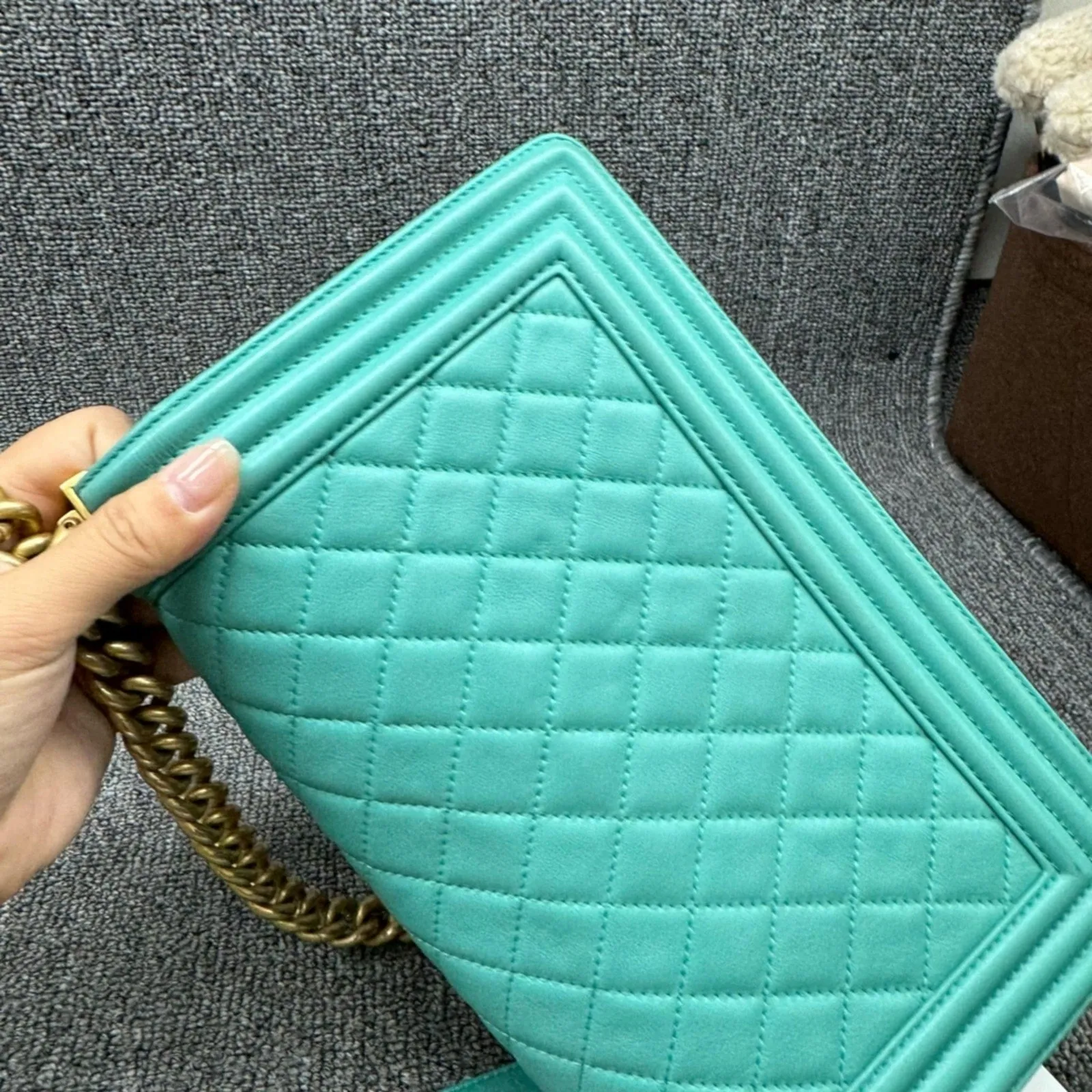 100%  Authentic CHANEL Boy Green Leather Shoulder Bag