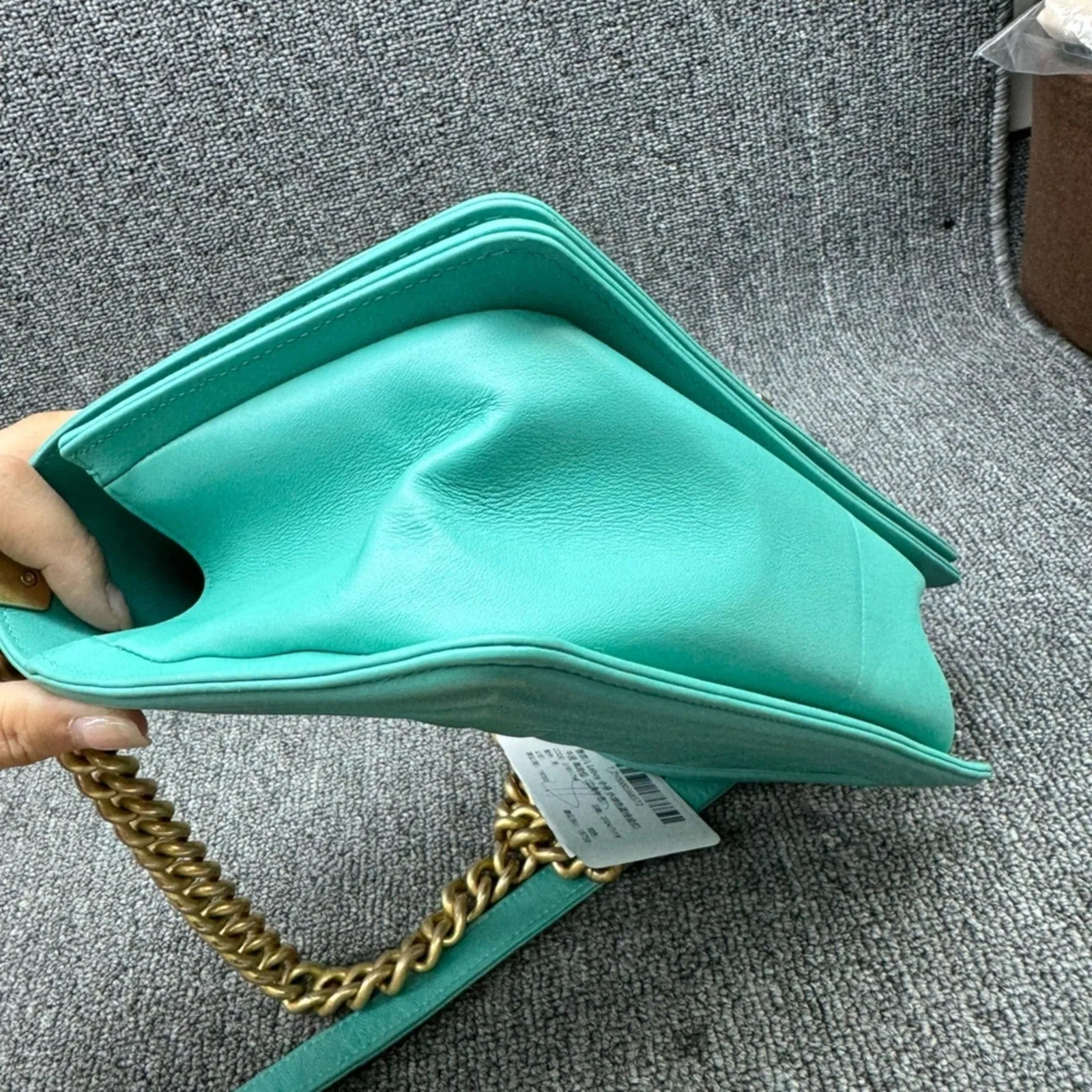 100%  Authentic CHANEL Boy Green Leather Shoulder Bag