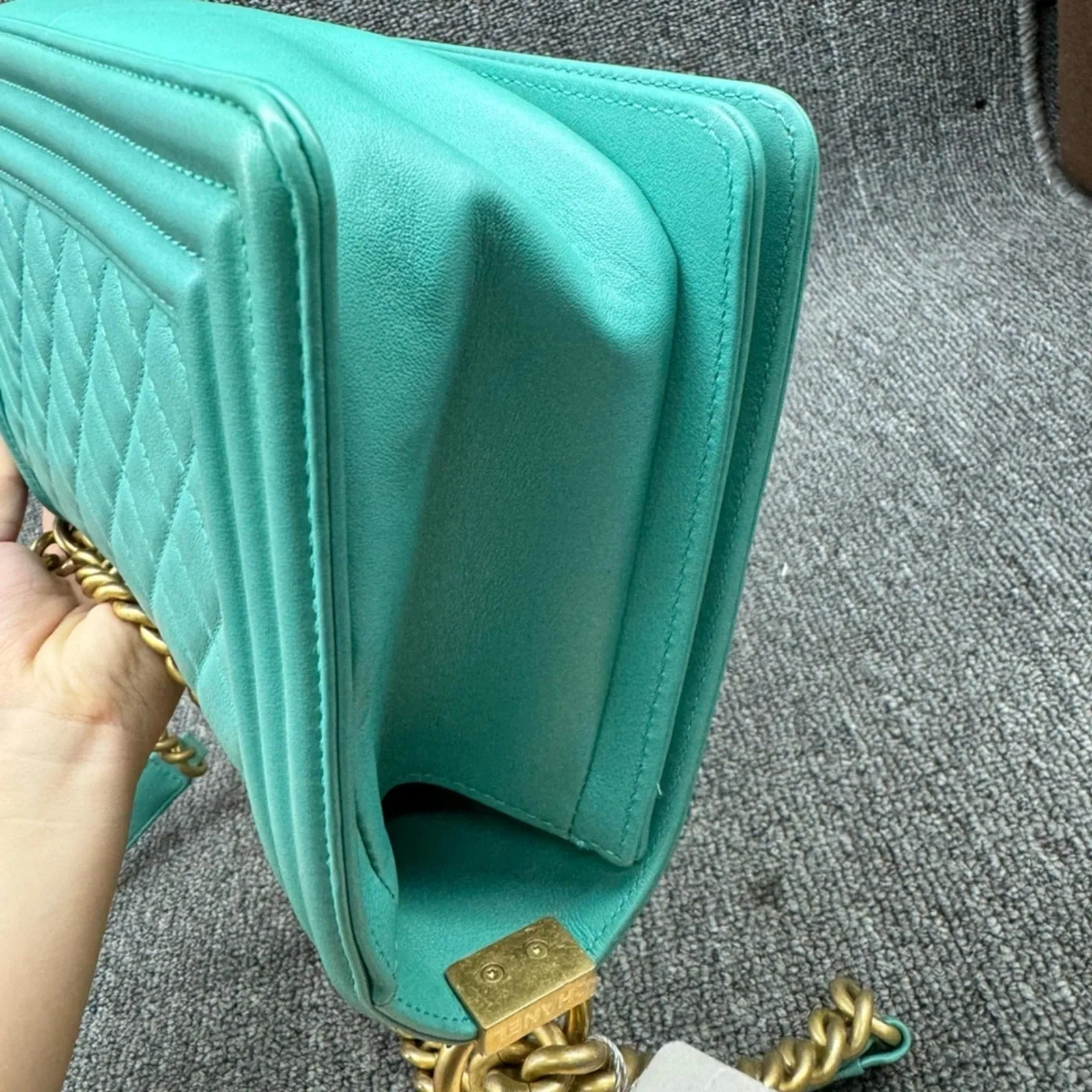 100%  Authentic CHANEL Boy Green Leather Shoulder Bag