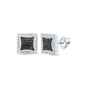 10kt White Gold Mens Round Black Color Treated Diamond Square Earrings 1/3 Cttw