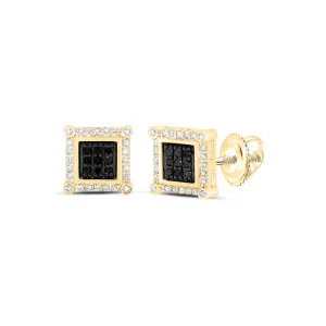 10kt Yellow Gold Mens Round Black Color Enhanced Diamond Square Earrings 1/4 Cttw