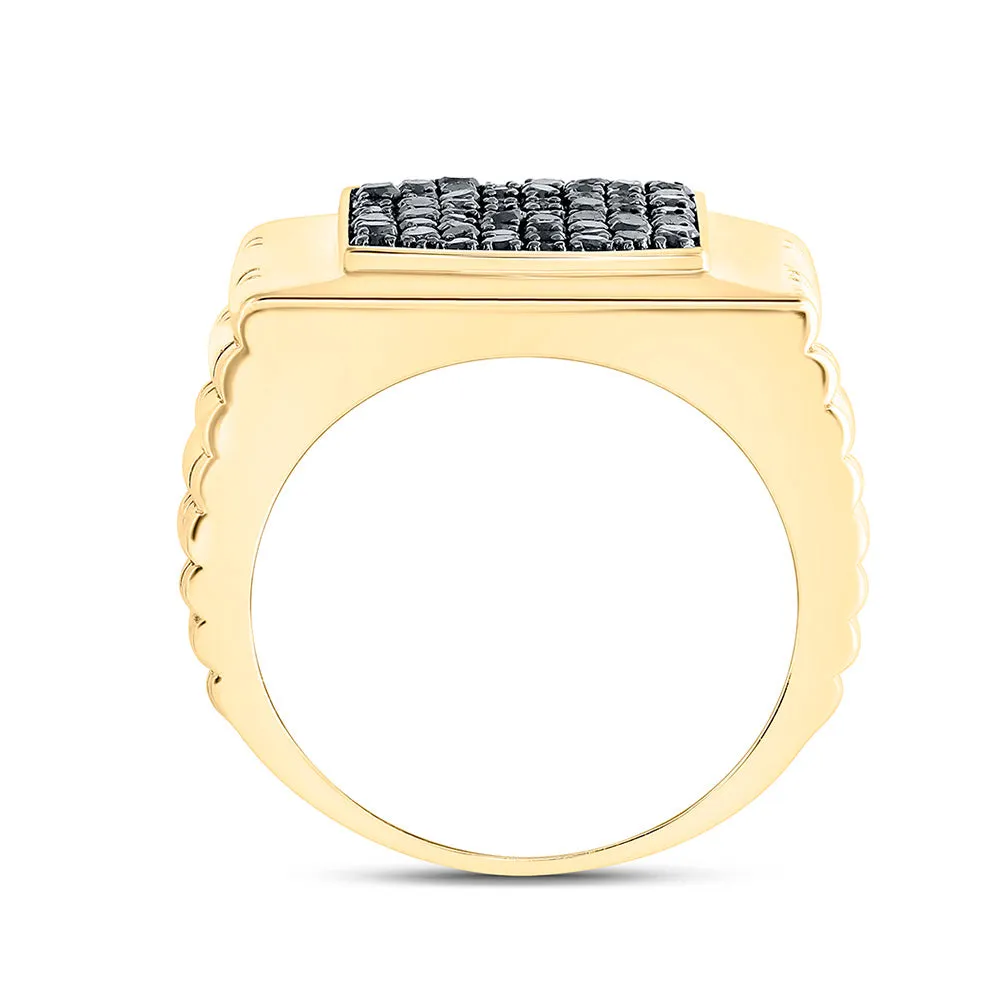 10kt Yellow Gold Mens Round Black Color Treated Diamond Square Ring 1-1/2 Cttw
