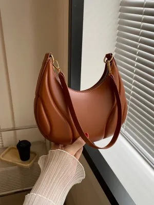 1pc Pressed Brown Pu Solid Color Single Shoulder Bag - Brown