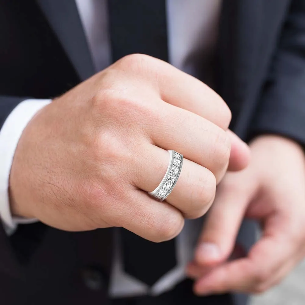 2.0 ctw Bar Set Princess Cut Diamond Milgrain Accent Men's Ring