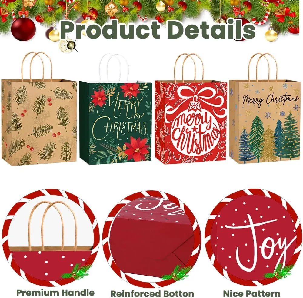 24PCS Christmas Gift Bags，Christmas Kraft Paper Reusable Small Gift Bags Bulk