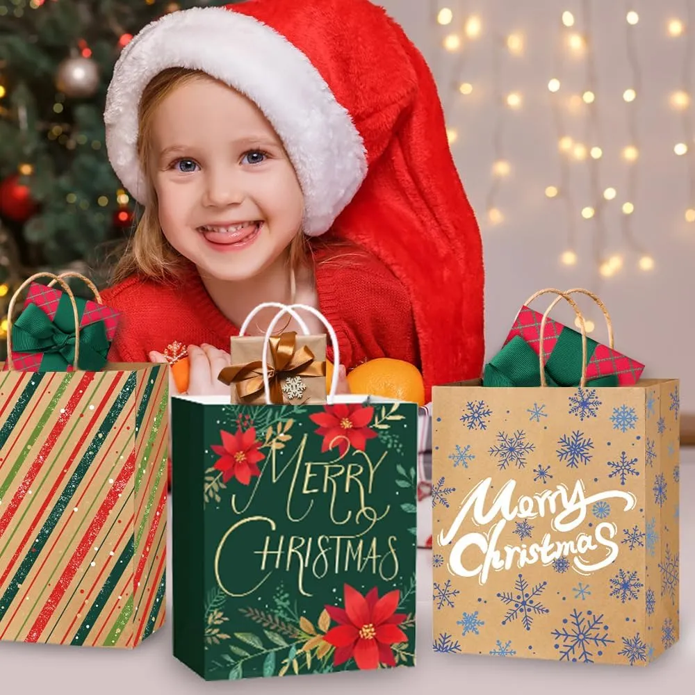 24PCS Christmas Gift Bags，Christmas Kraft Paper Reusable Small Gift Bags Bulk