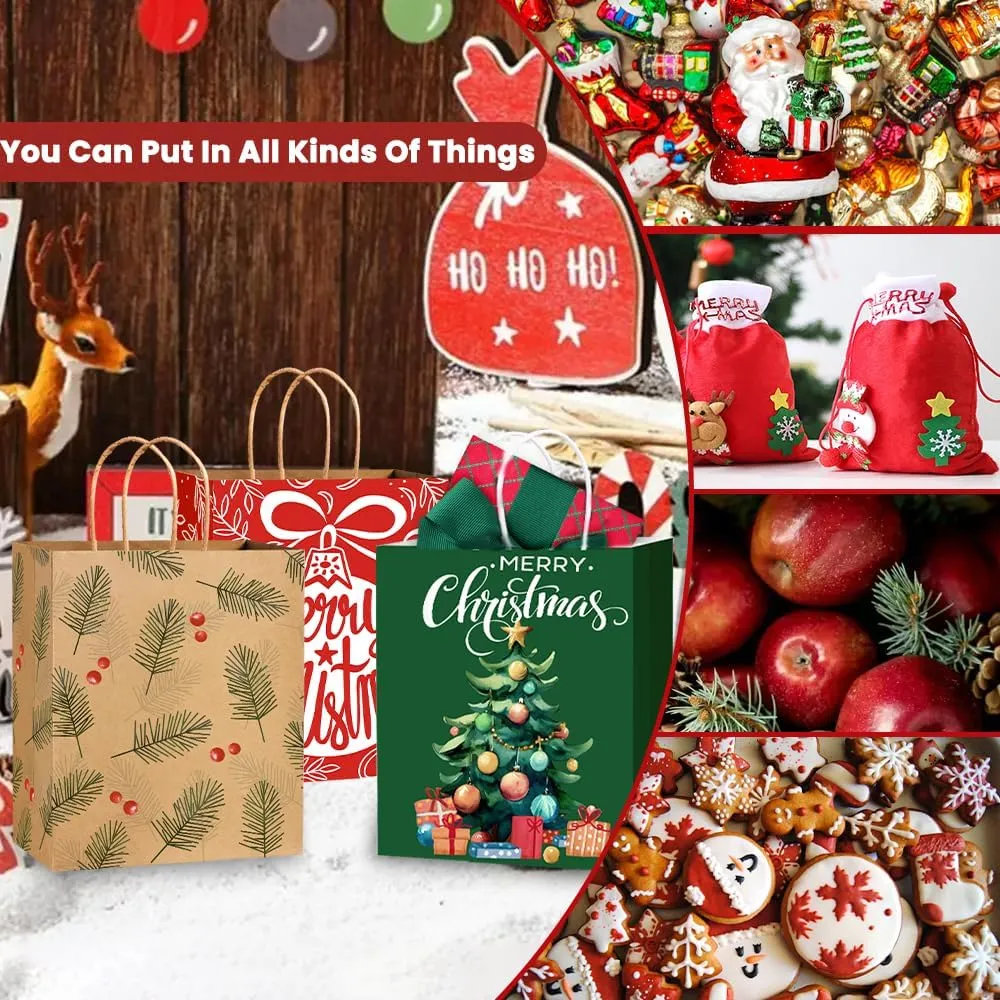 24PCS Christmas Gift Bags，Christmas Kraft Paper Reusable Small Gift Bags Bulk