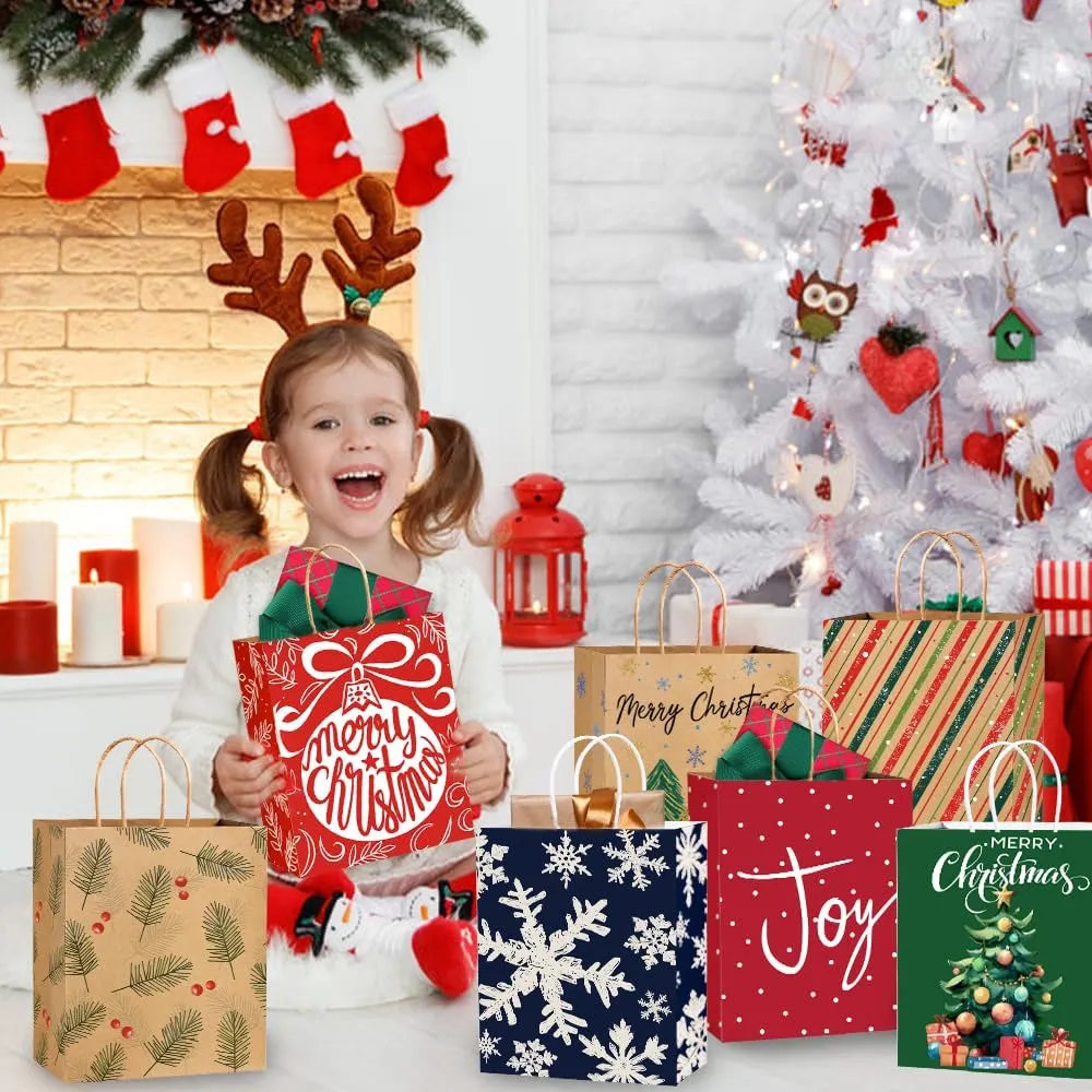 24PCS Christmas Gift Bags，Christmas Kraft Paper Reusable Small Gift Bags Bulk