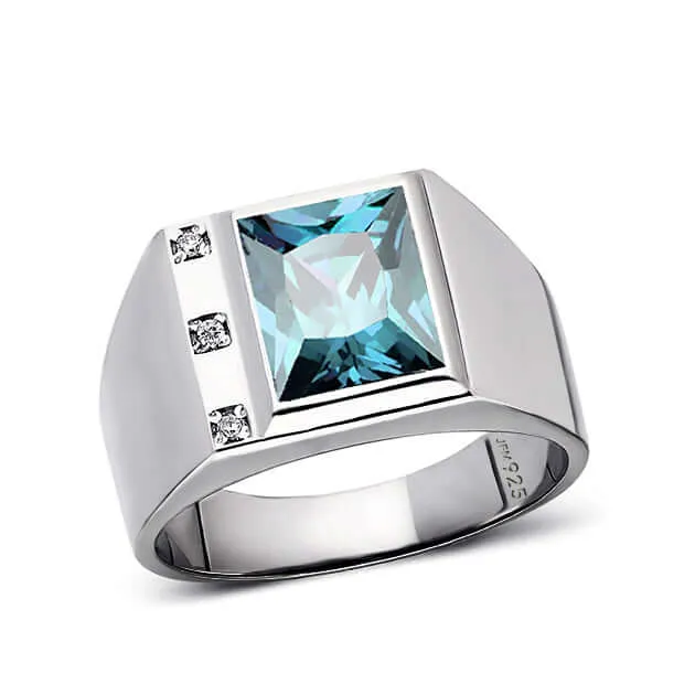 3 Diamond Accents Solid Sterling Silver Men's Gemstone Ring