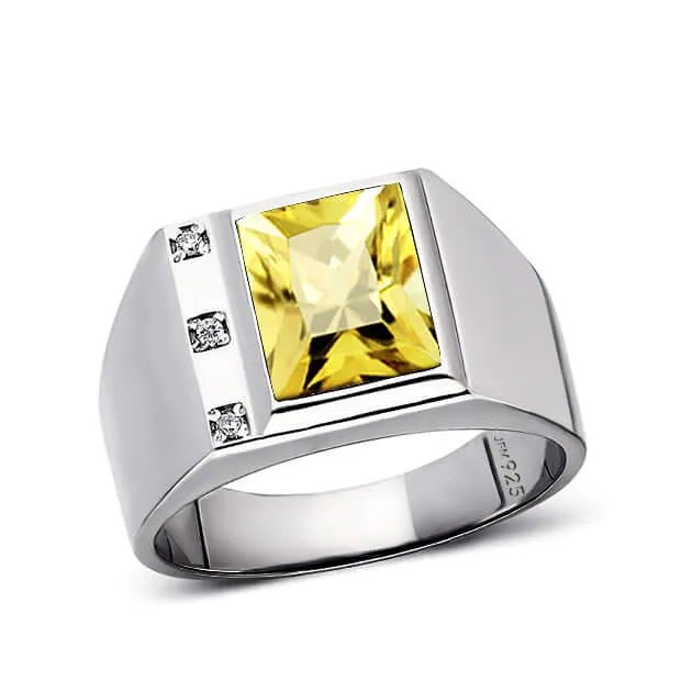 3 Diamond Accents Solid Sterling Silver Men's Gemstone Ring