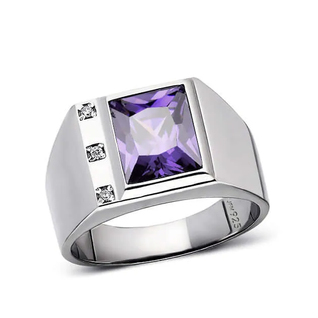 3 Diamond Accents Solid Sterling Silver Men's Gemstone Ring