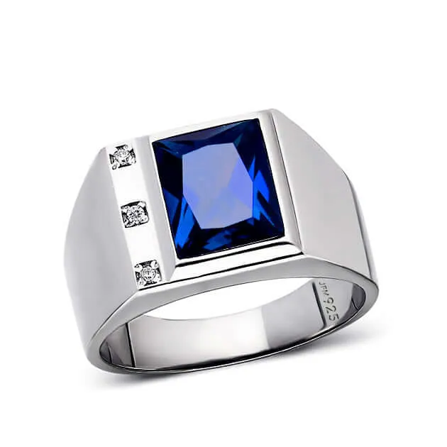 3 Diamond Accents Solid Sterling Silver Men's Gemstone Ring