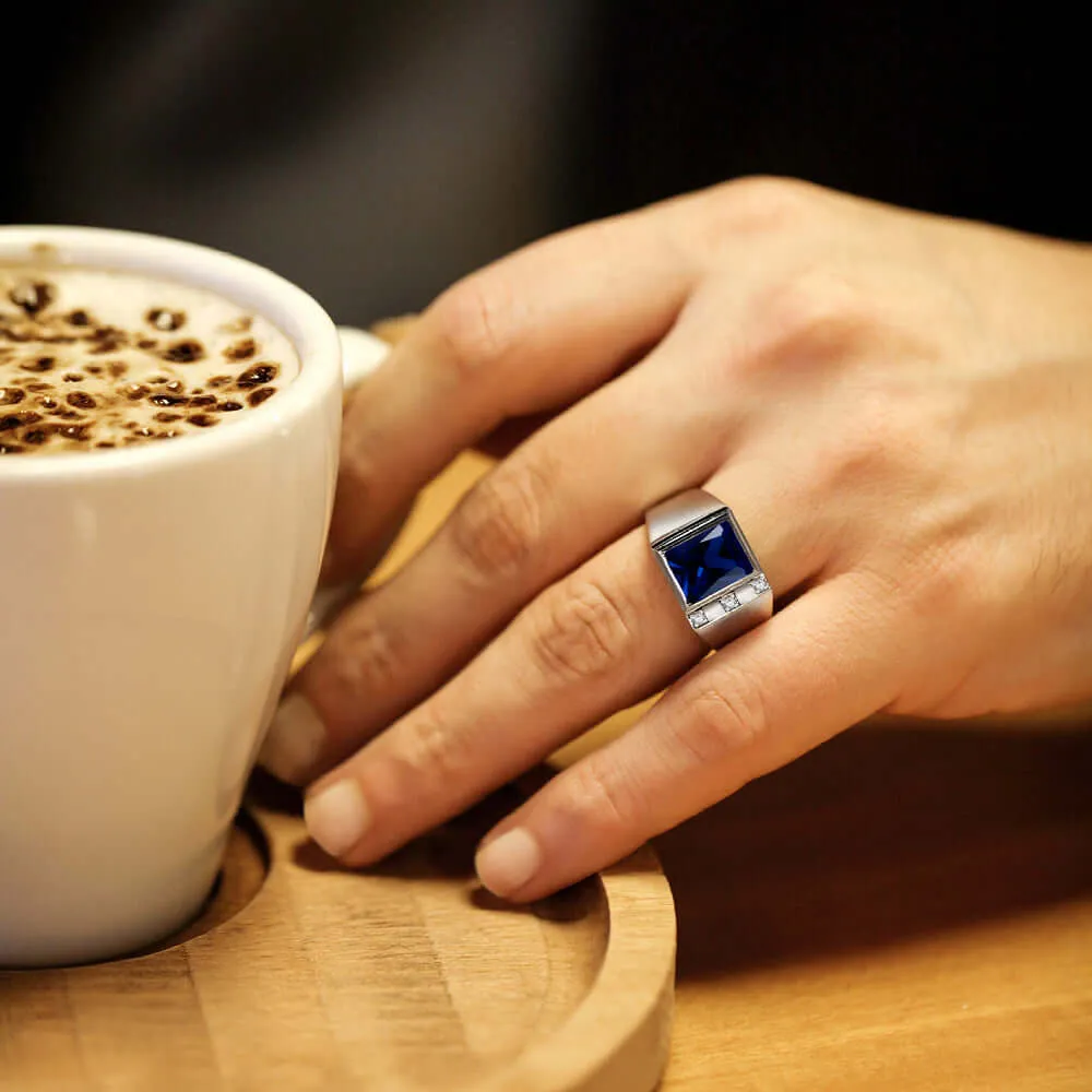 3 Diamond Accents Solid Sterling Silver Men's Gemstone Ring