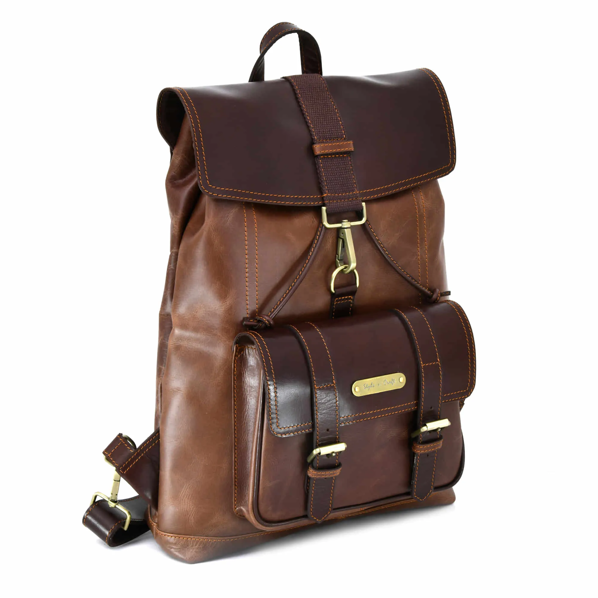 392152 Tall Backpack in Full Grain Leather with 1 Front Pocket | Light & Dark Brown Combination | Style n Craft