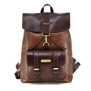 392152 Tall Backpack in Full Grain Leather with 1 Front Pocket | Light & Dark Brown Combination | Style n Craft
