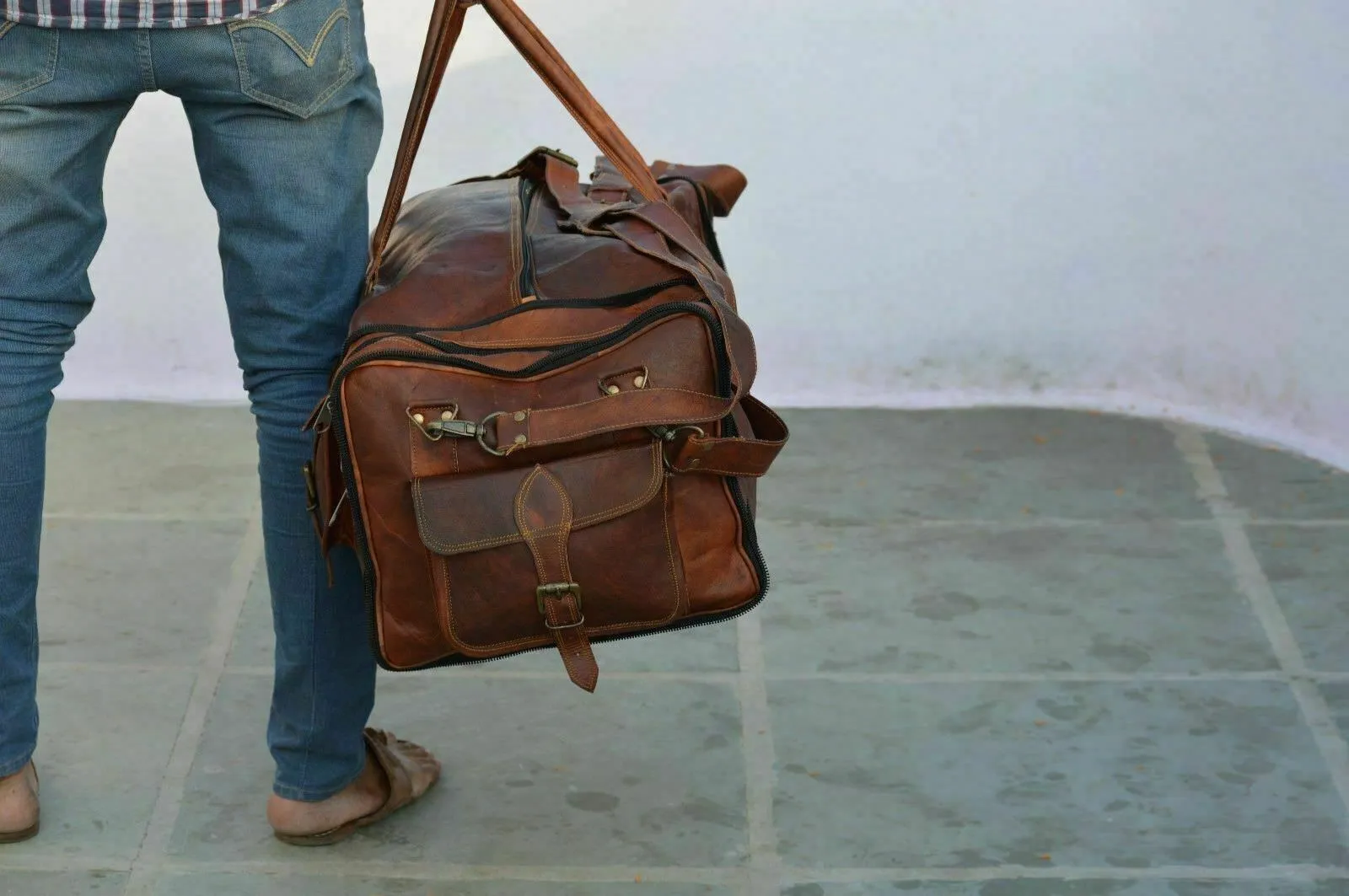 Bag Men's Genuine Leather Luggage Gym Weekend Overnight Duffel Vintage Large Bag