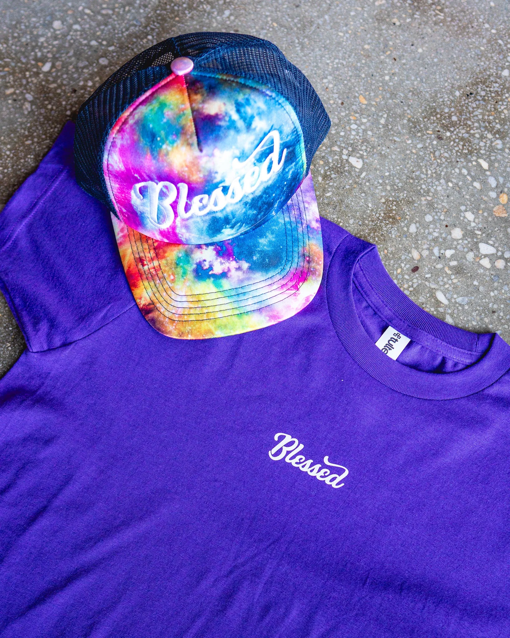 Blessed Adult Box T-Shirt & Multi-colored Galaxy Trucker Bundle