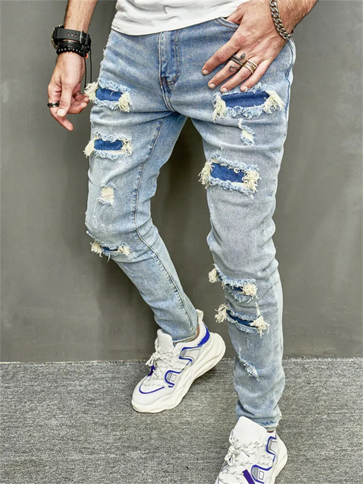 Blue Fashion Hip Hop Ripped Streetwear Jeans for Men