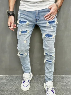 Blue Fashion Hip Hop Ripped Streetwear Jeans for Men