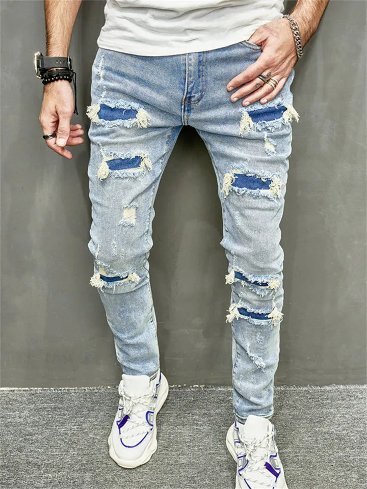 Blue Fashion Hip Hop Ripped Streetwear Jeans for Men