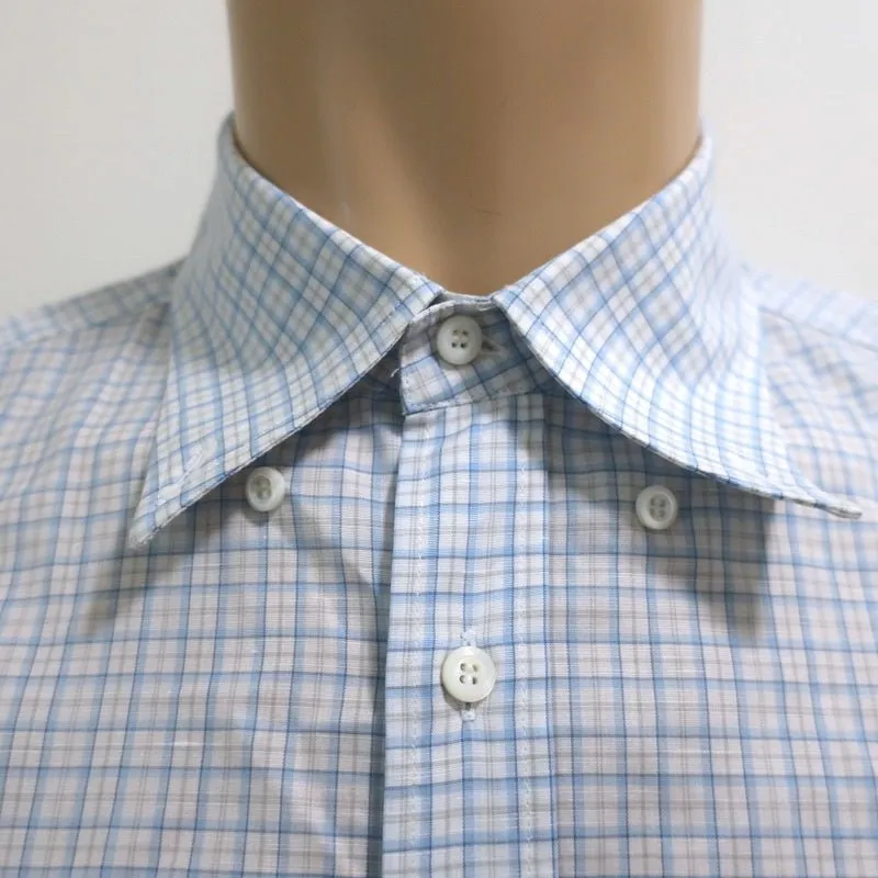 Brunello Cucinelli Shirt Light Blue Checked Cotton-Linen Size Extra Extra Large