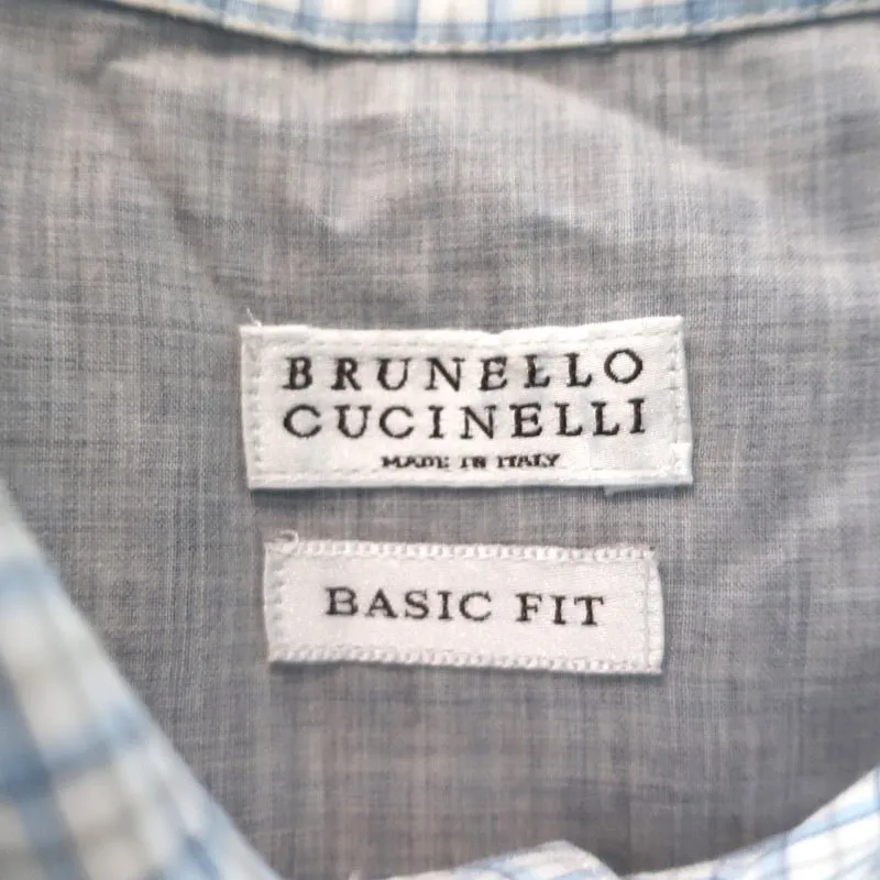 Brunello Cucinelli Shirt Light Blue Checked Cotton-Linen Size Extra Extra Large