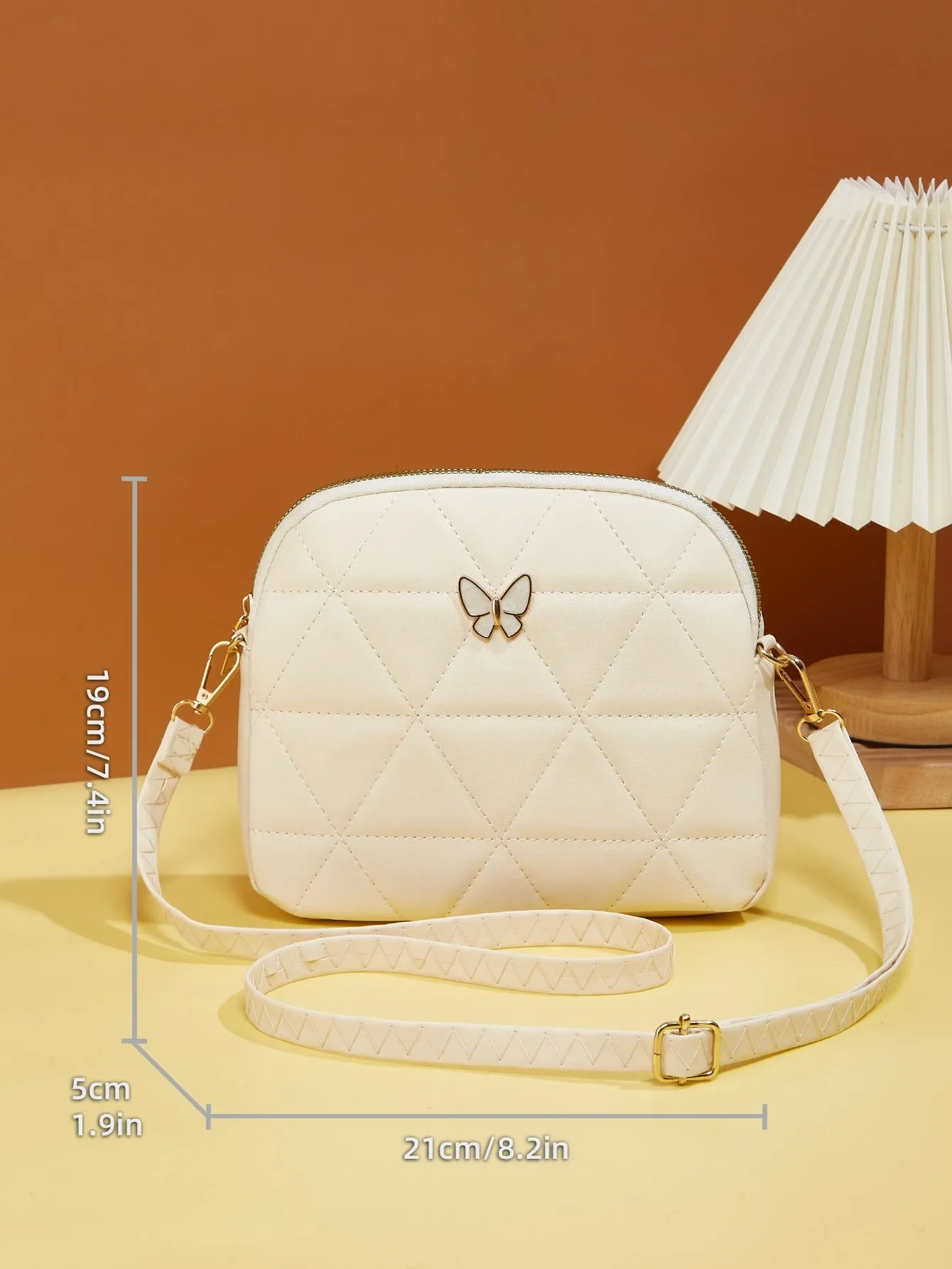 Butterfly Decor Quilted Crossbody Bag - Beige