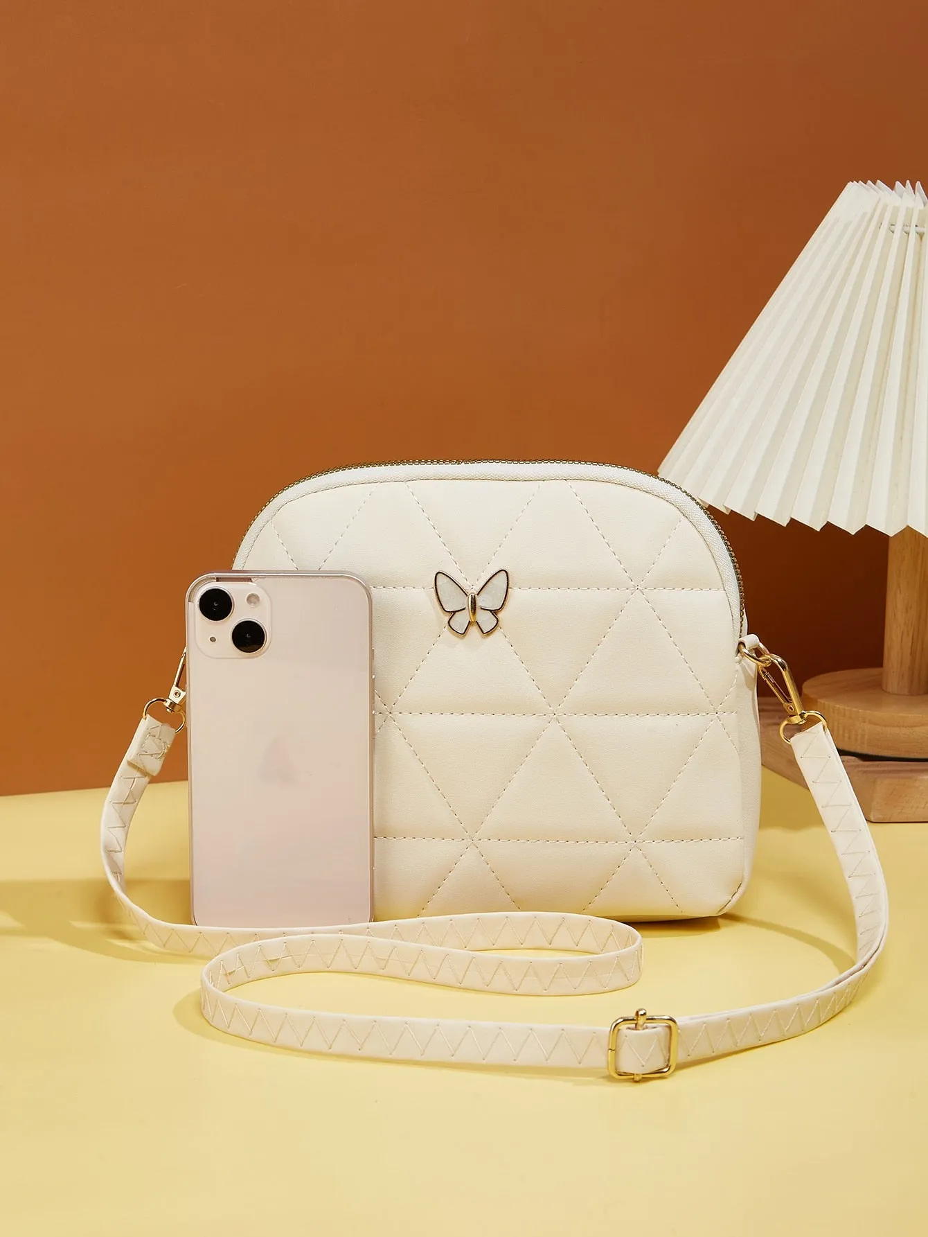 Butterfly Decor Quilted Crossbody Bag - Beige