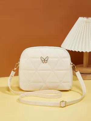 Butterfly Decor Quilted Crossbody Bag - Beige