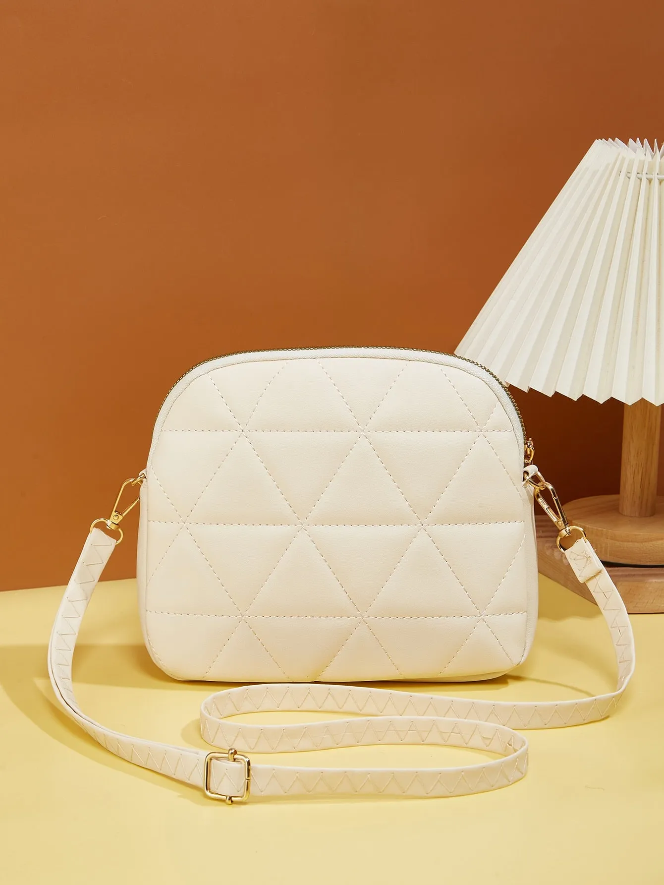 Butterfly Decor Quilted Crossbody Bag - Beige
