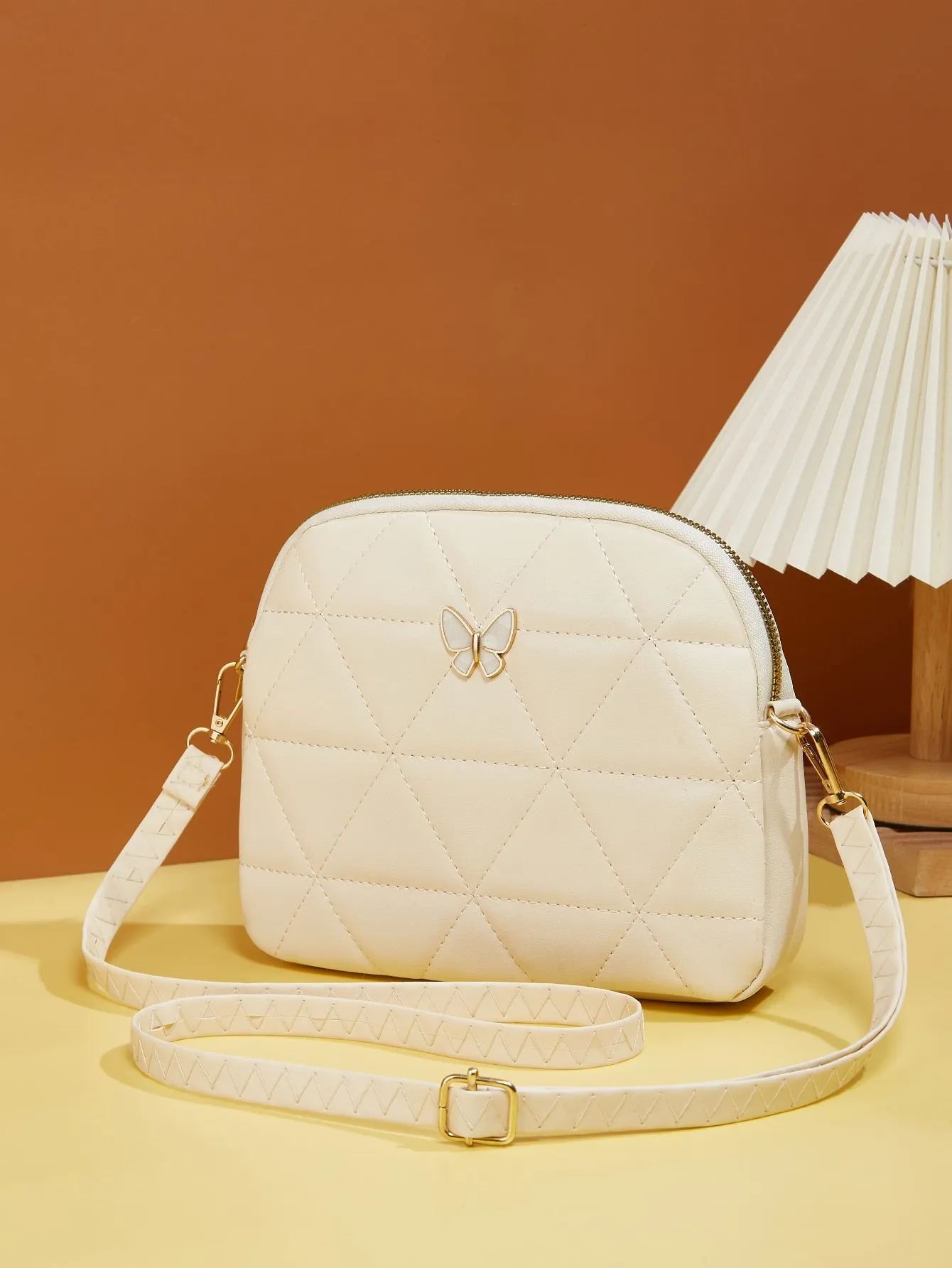 Butterfly Decor Quilted Crossbody Bag - Beige