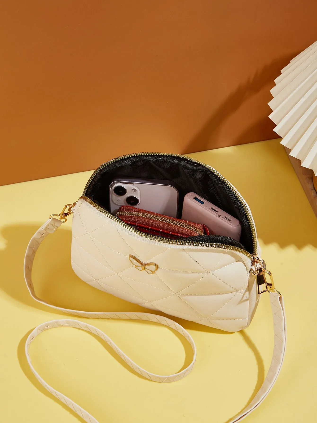 Butterfly Decor Quilted Crossbody Bag - Beige