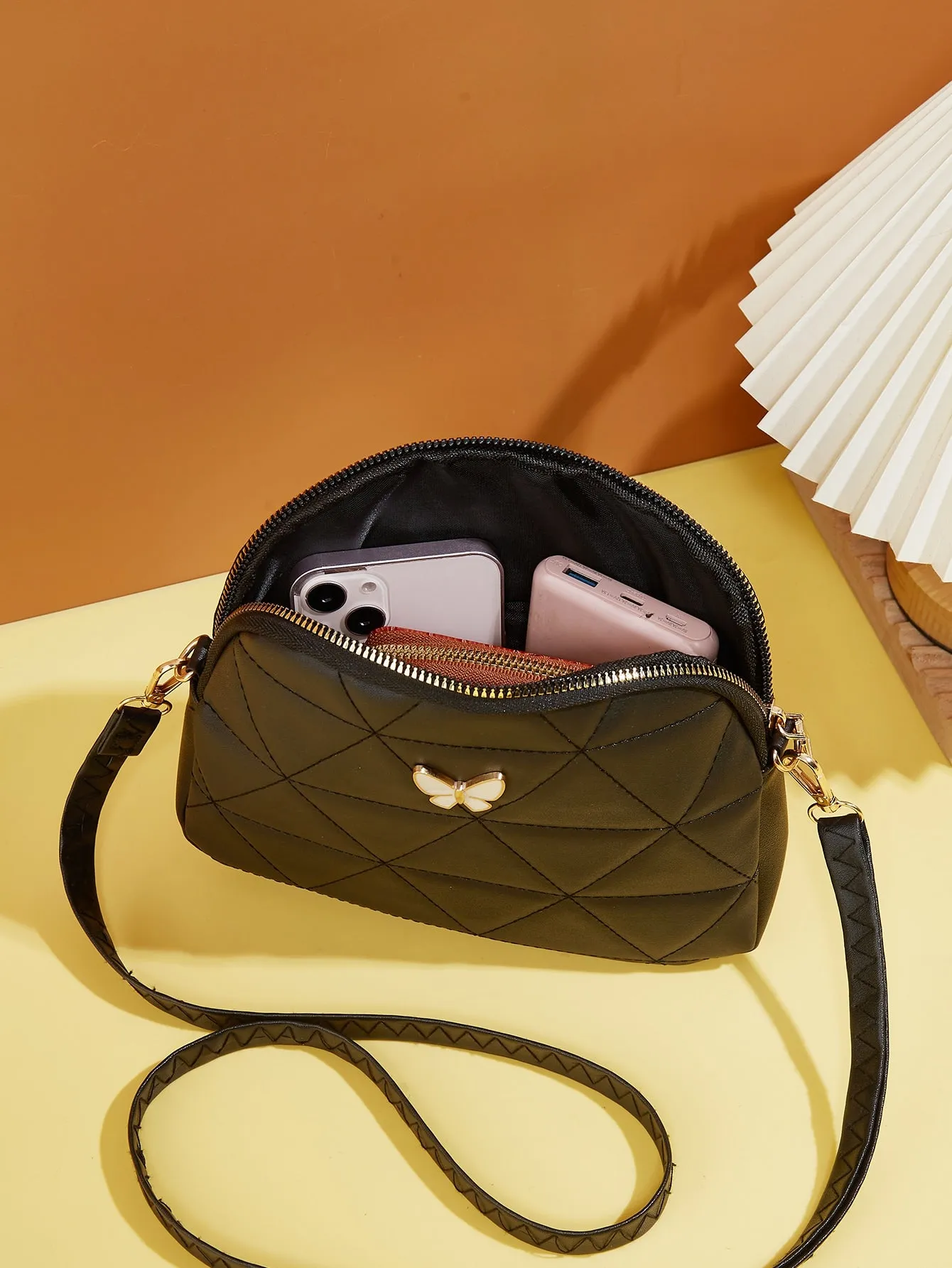 Butterfly Decor Quilted Crossbody Bag - Black