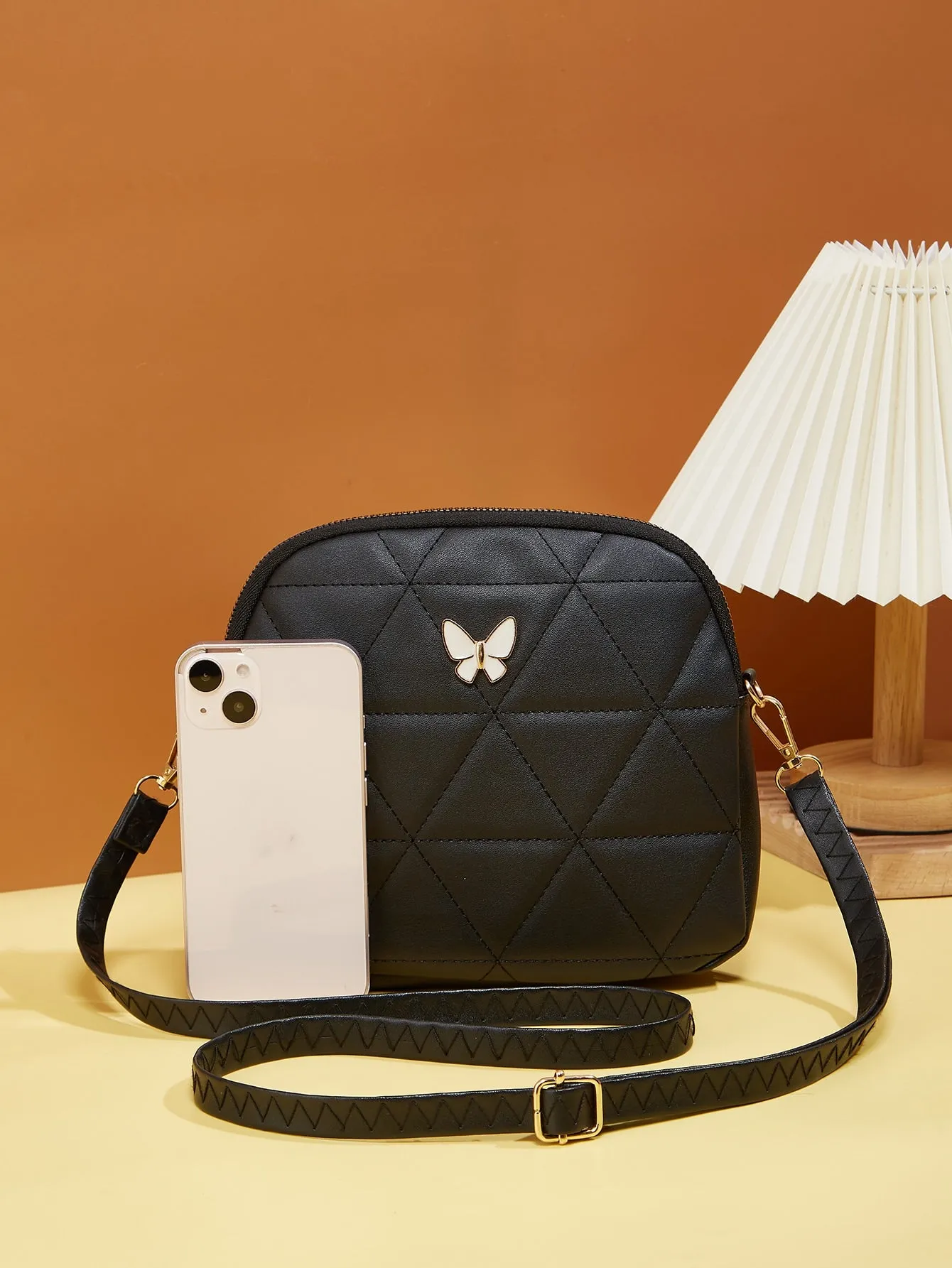 Butterfly Decor Quilted Crossbody Bag - Black