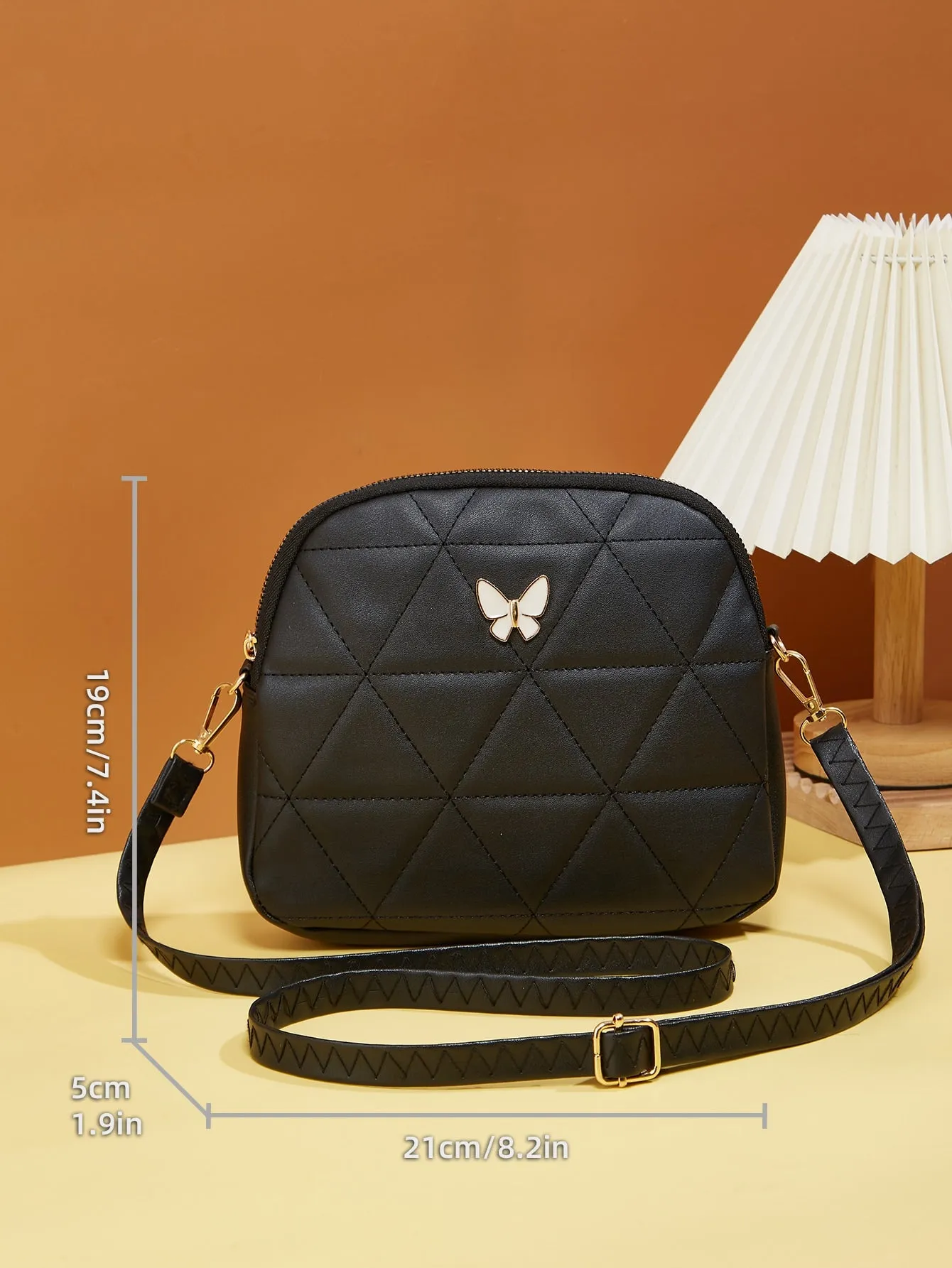 Butterfly Decor Quilted Crossbody Bag - Black
