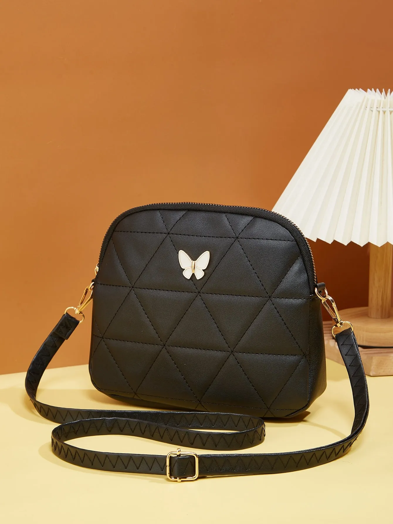 Butterfly Decor Quilted Crossbody Bag - Black