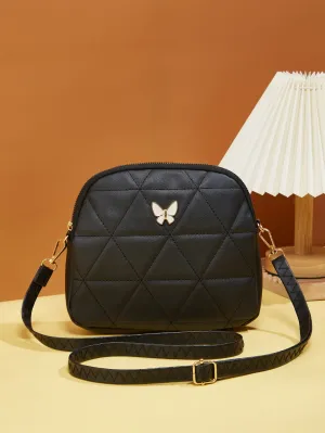 Butterfly Decor Quilted Crossbody Bag - Black