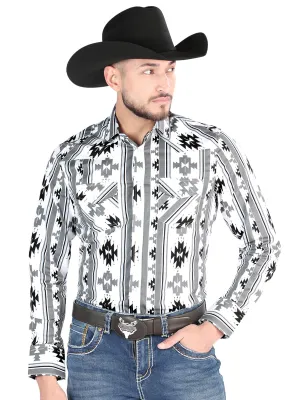 Camisa Vaquera Manga Larga Estampada Blanco para Hombre 'El Señor de los Cielos' - ID: 44470