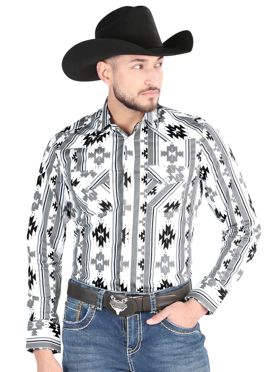 Camisa Vaquera Manga Larga Estampada Blanco para Hombre 'El Señor de los Cielos' - ID: 44470