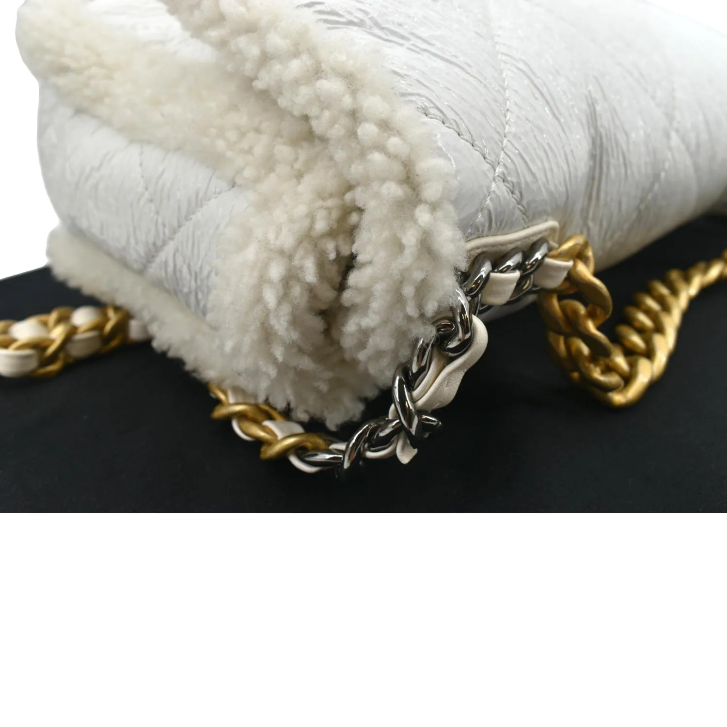 CHANEL 19 Flap Shearling Patent Leather Shoulder Bag White