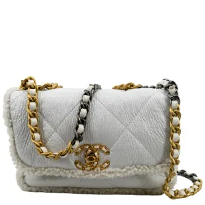 CHANEL 19 Flap Shearling Patent Leather Shoulder Bag White