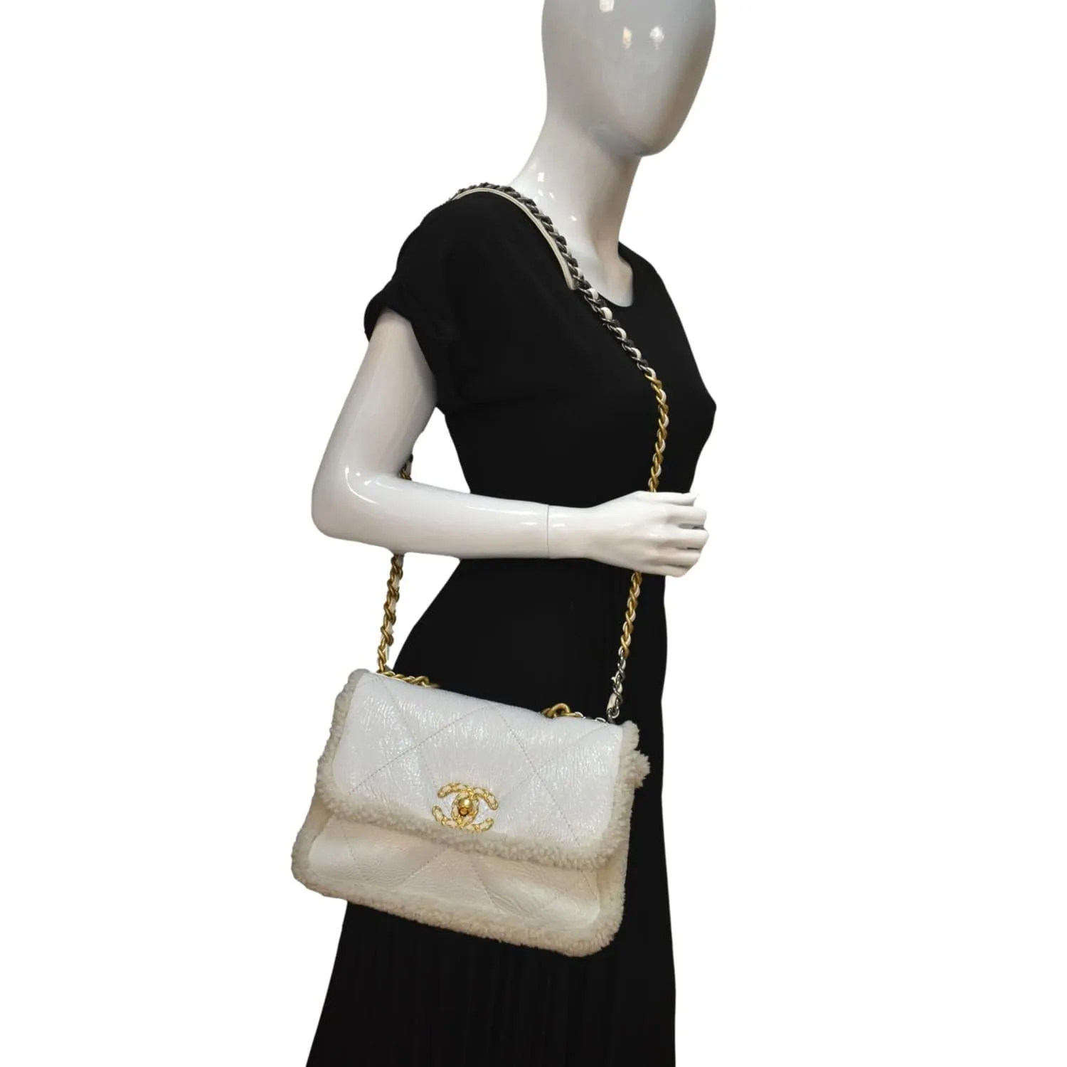 CHANEL 19 Flap Shearling Patent Leather Shoulder Bag White