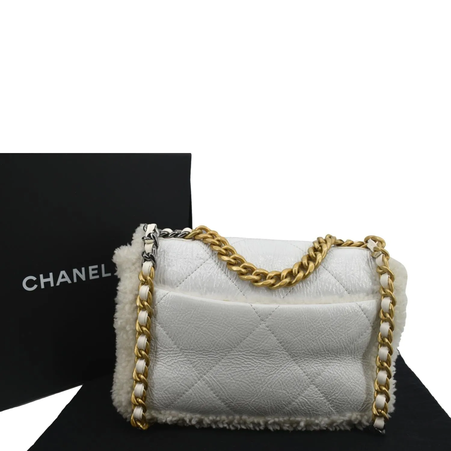 CHANEL 19 Flap Shearling Patent Leather Shoulder Bag White