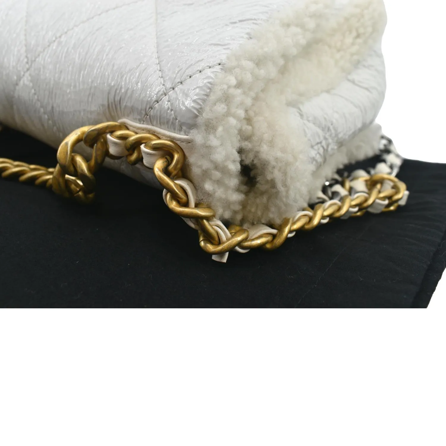 CHANEL 19 Flap Shearling Patent Leather Shoulder Bag White