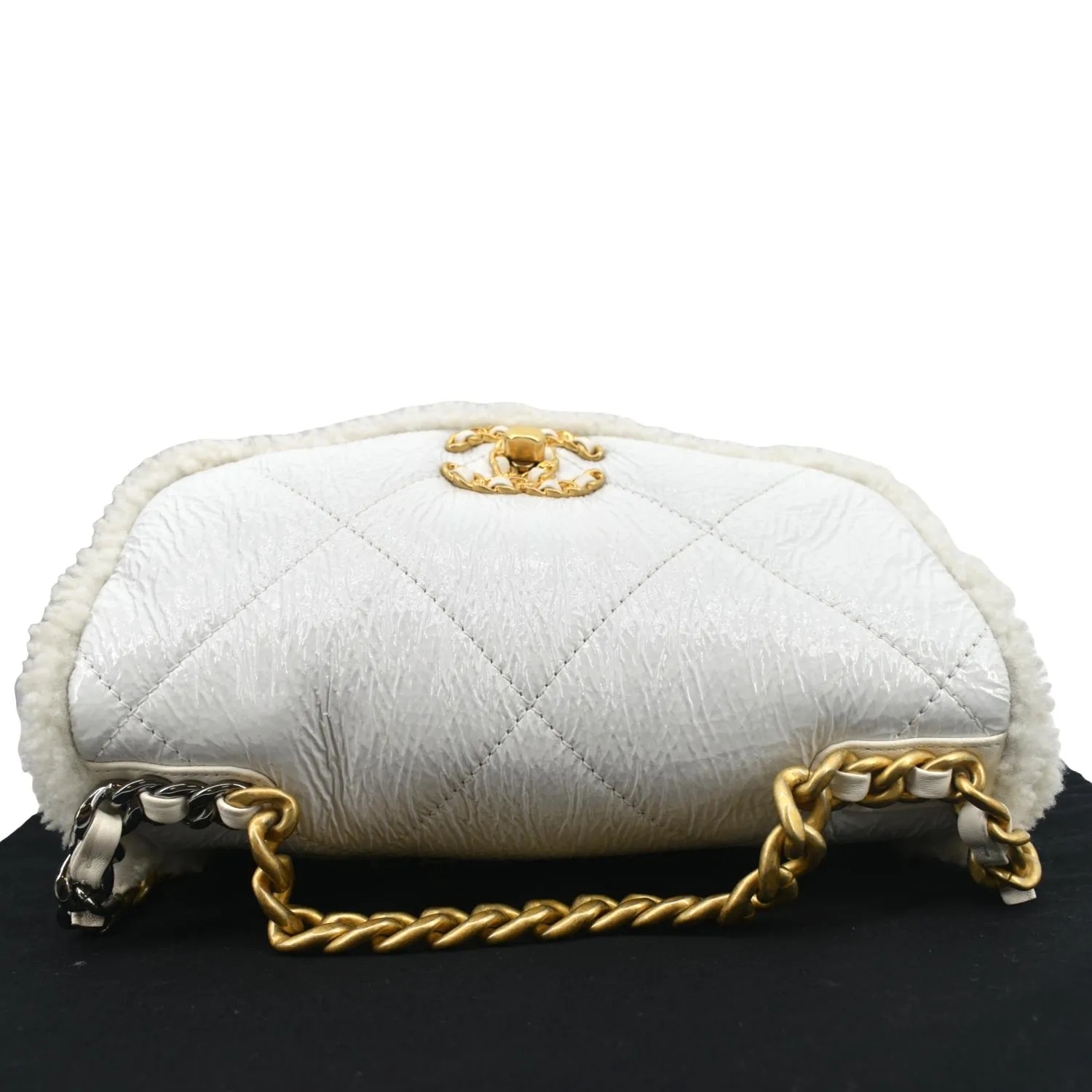 CHANEL 19 Flap Shearling Patent Leather Shoulder Bag White