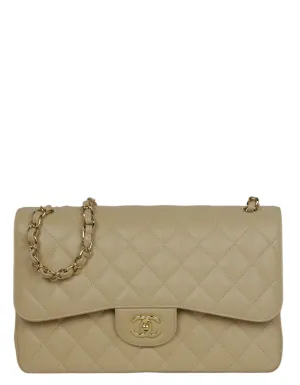 Chanel Beige Caviar Leather Double Flap Jumbo Bag