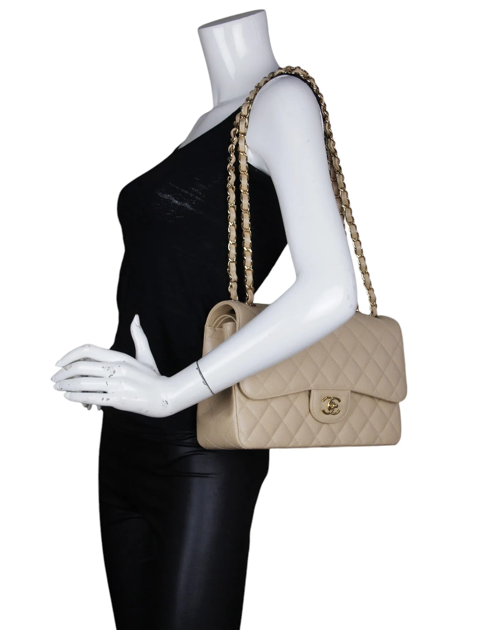 Chanel Beige Caviar Leather Double Flap Jumbo Bag
