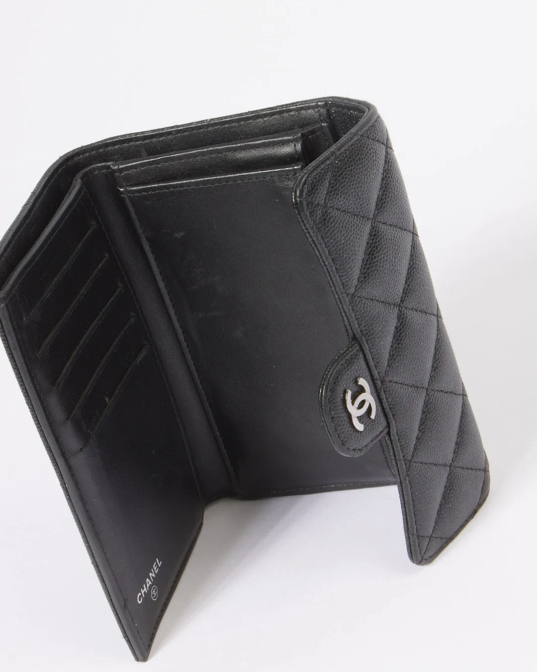 Chanel Black Caviar Leather Interlocking CC Logo Compact Wallet