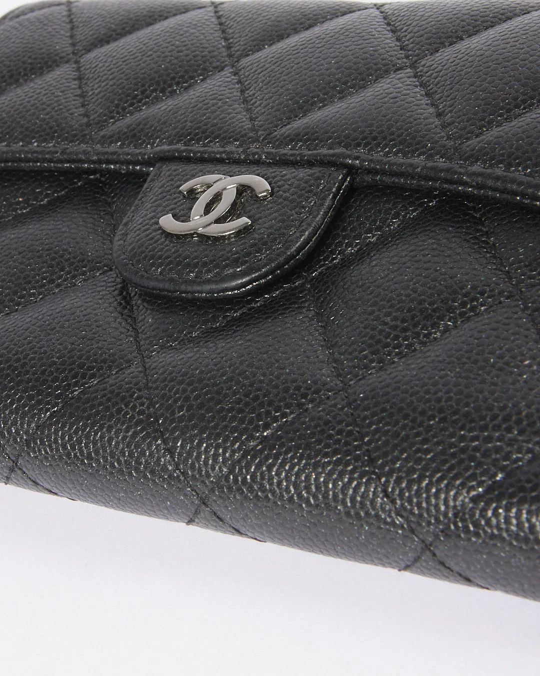 Chanel Black Caviar Leather Interlocking CC Logo Compact Wallet