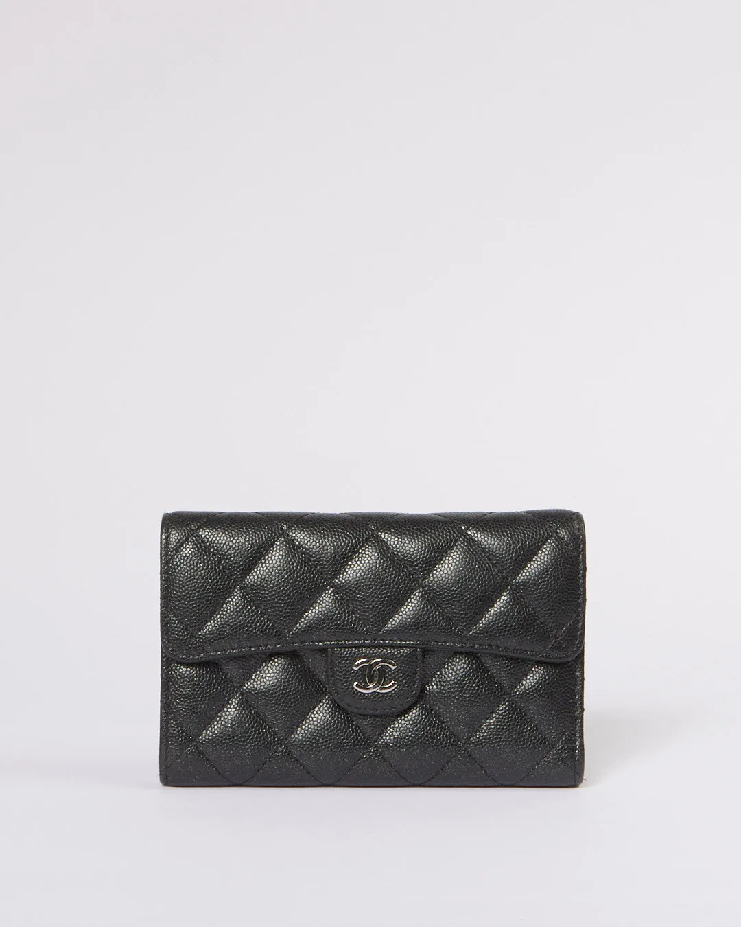 Chanel Black Caviar Leather Interlocking CC Logo Compact Wallet